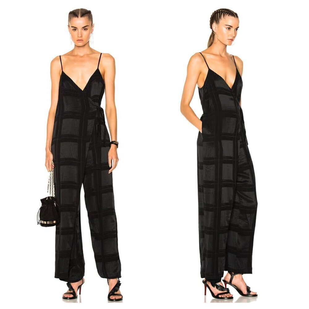 Mara Hoffman Grace Wrap Jumpsuit V-Neck Full Length in Plaid Black Women's XS